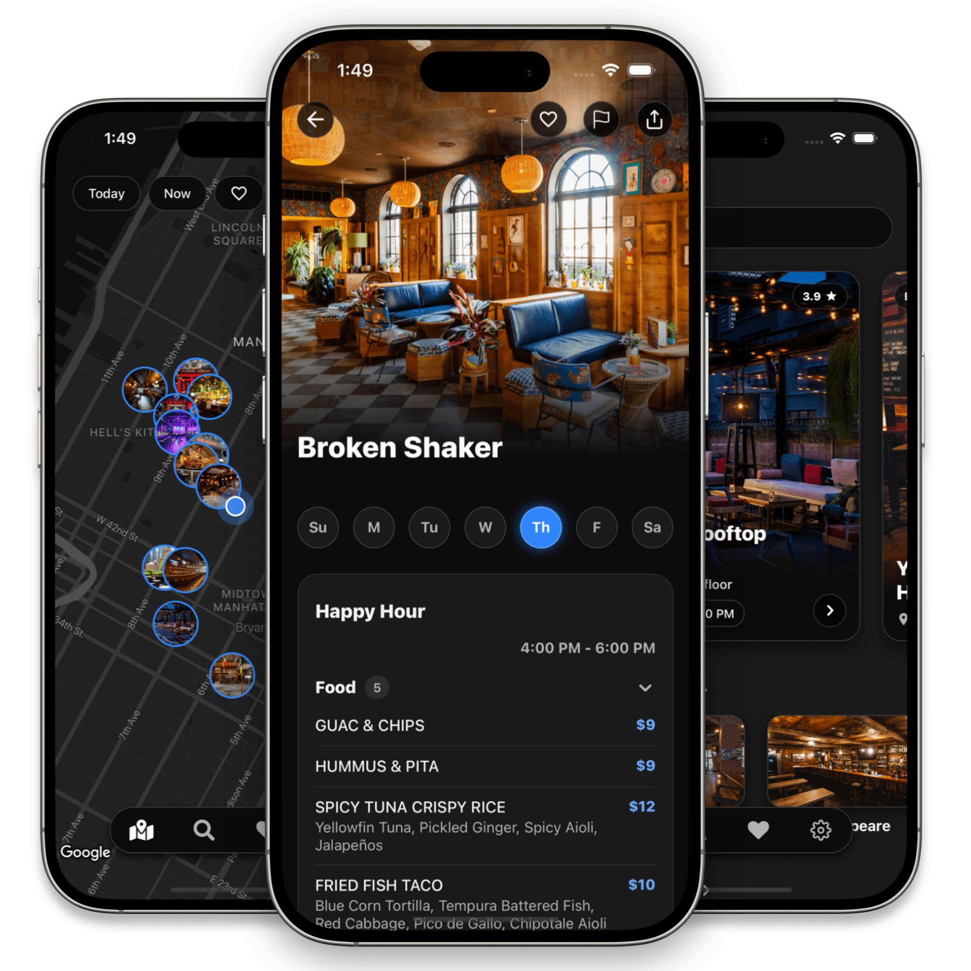 Ora iPhone app preview with map pins and nearby happy hour venues