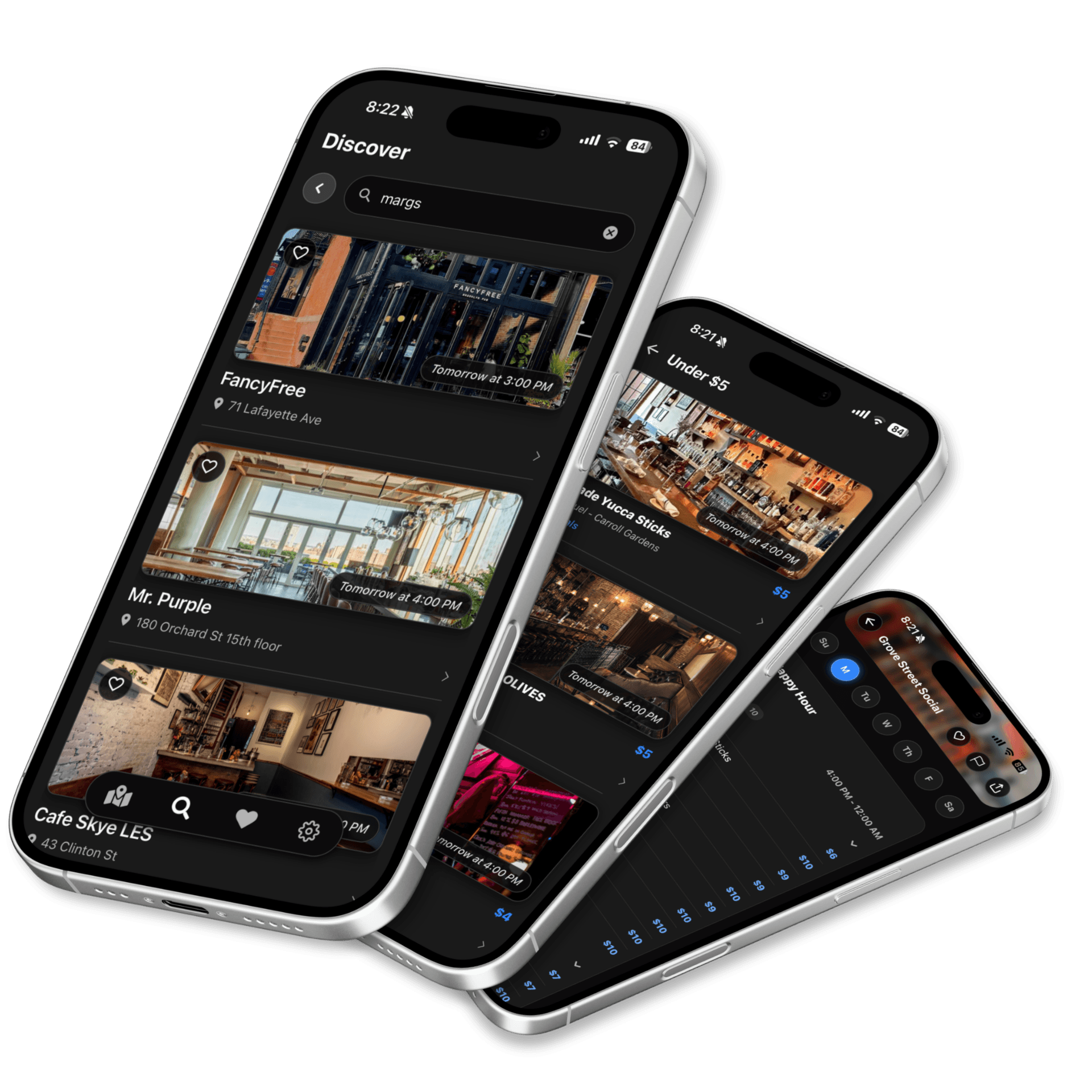 Ora app showing discover, under $5 deals, and happy hour schedules
